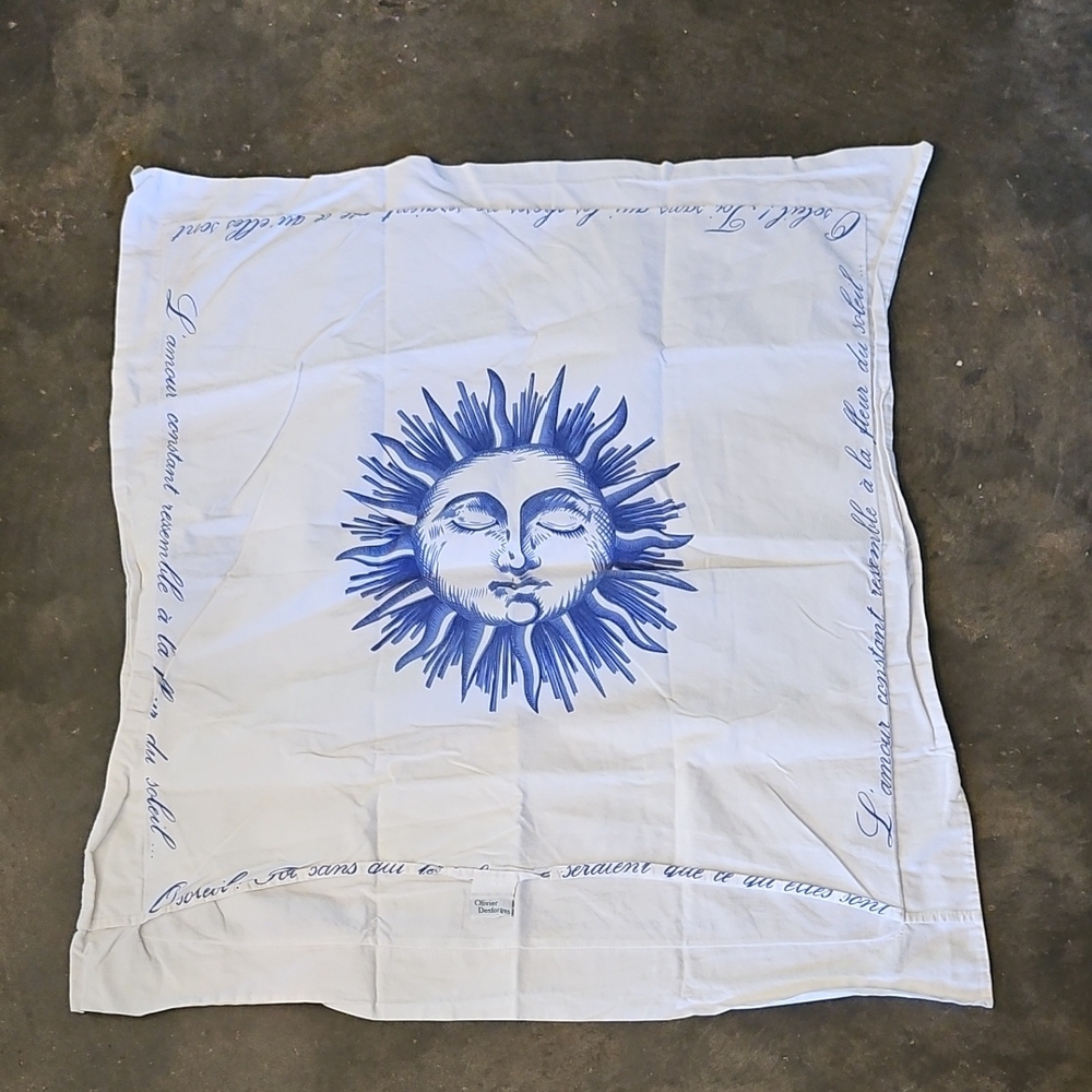 Olivier Desforges White Cotton Blue Design Fleur De Soleil Sun Face Pillow Case